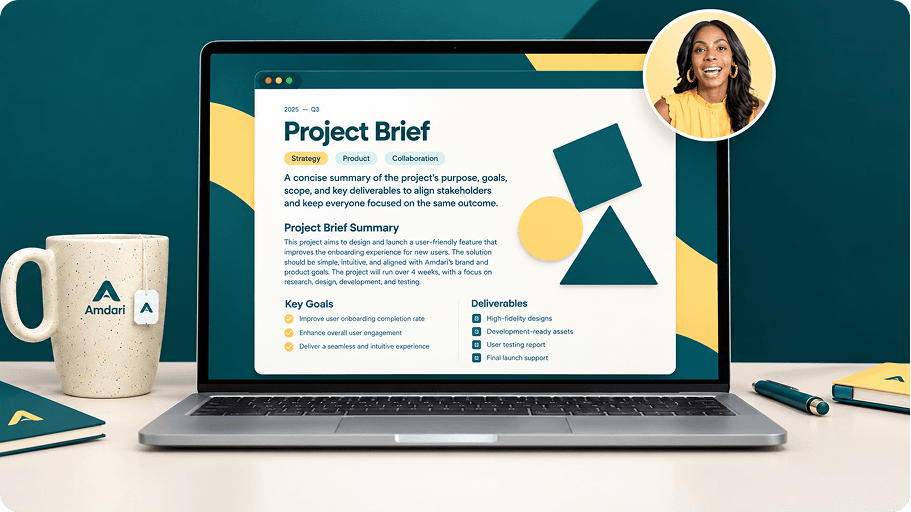 Project brief on a laptop beside an Amdari mug